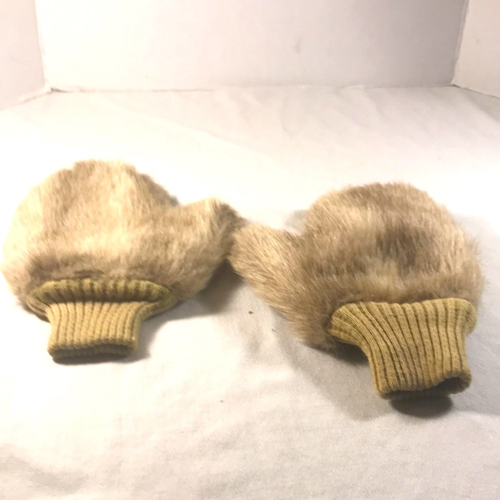 Vintage Unisex Beige Faux Fur Mittens with Ribbed Cuffs & Water-resistant Lining